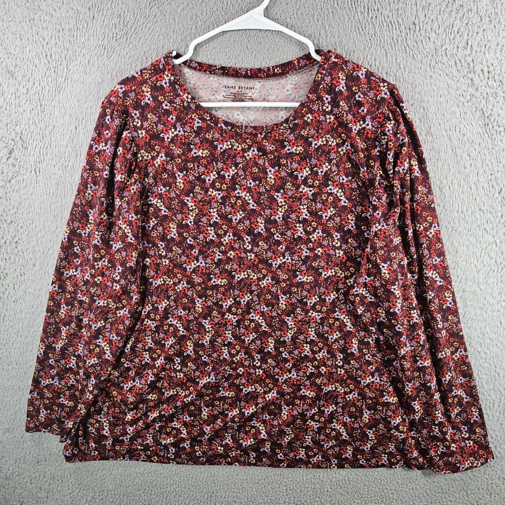 Lane Bryant Womens 26/28 Floral Long Sleeve Knit Top Burgundy Purple Crew Neck